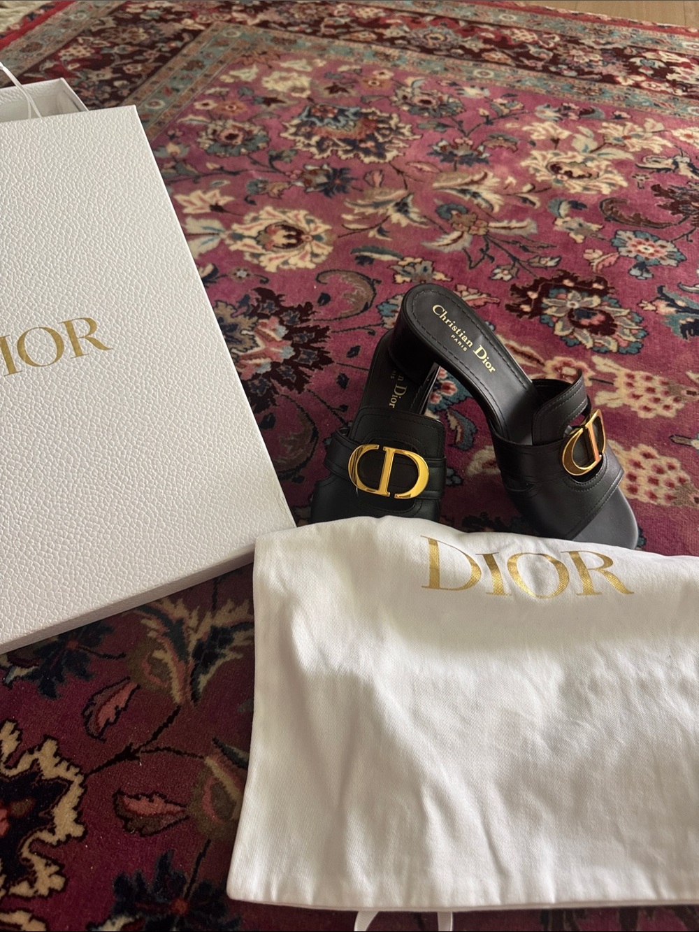 Dior Black Leather Mules with Gold CD Emblem - Picture 5 of 12